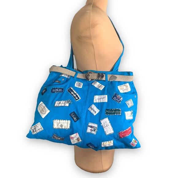 Upcycled Maxi Tote Bag Vintage Blue Jeans Logos Belt Detail OOAK Handmade Purse - Picture 1 of 15